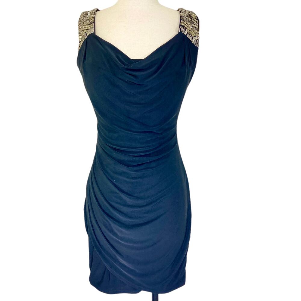 Windsor black beaded cocktail dress, size 9/10-medium bodycon sleeveless ruched